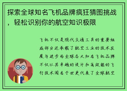 探索全球知名飞机品牌疯狂猜图挑战，轻松识别你的航空知识极限