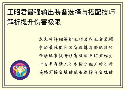 王昭君最强输出装备选择与搭配技巧解析提升伤害极限